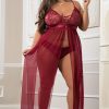 2 Pc Empire Waist Laced Sheer Long Dress and Panty – Mulled Wine