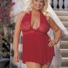 Stretch Mesh and Lace Baby Doll With Bow – Queen Size – Red