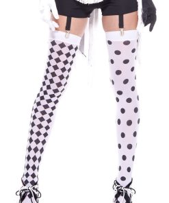 Diamond Design and Polka Dot Harlequin Thigh Hi – White / Black