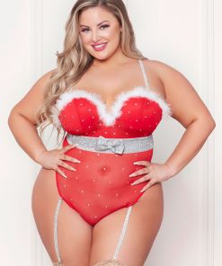 Rhinestone Studded Mesh Teddy With Marabou Trim –  X-Large – Red