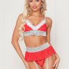 3 Pc Rhinestone Stud Bra With Marabou Trim and  Garter Belt With Mesh Thong – One Size – Red